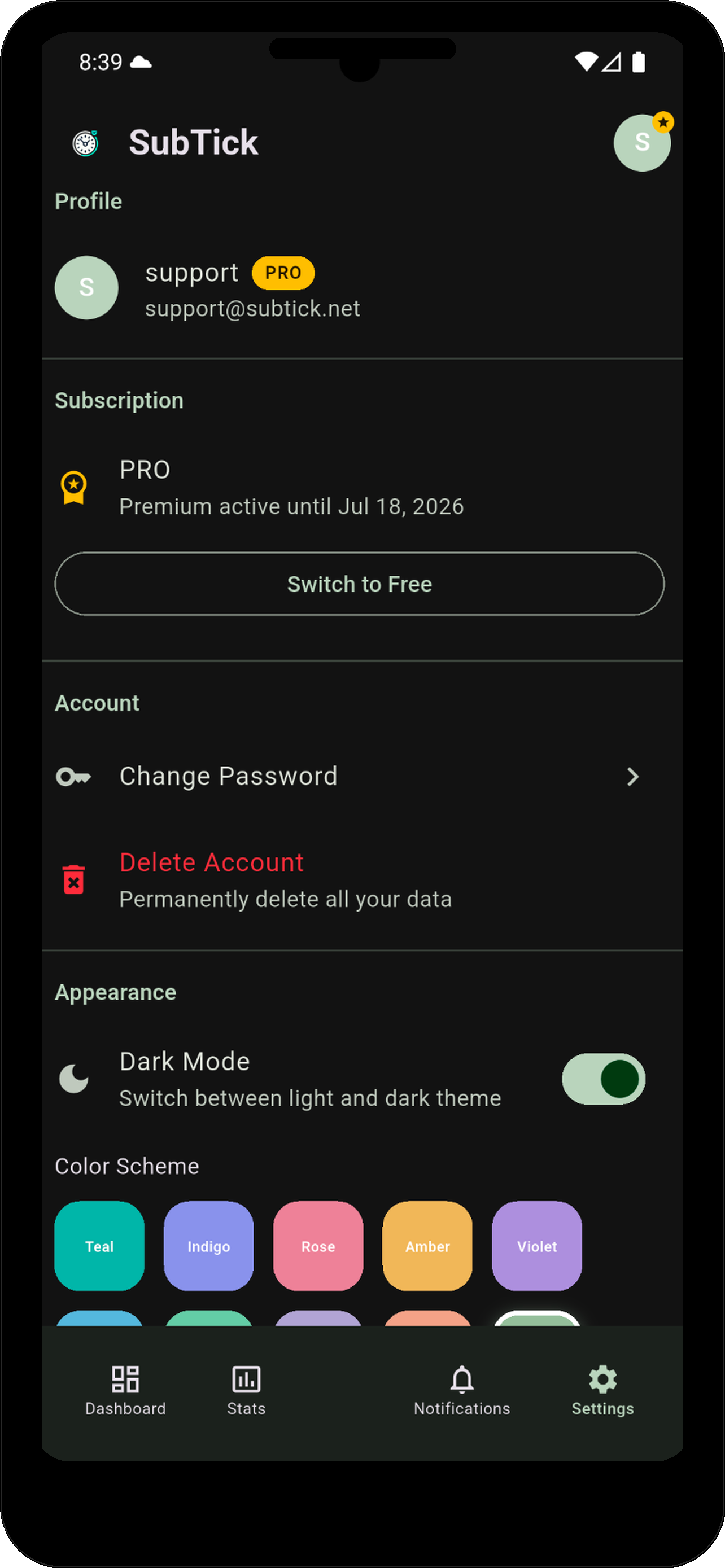 Settings dark